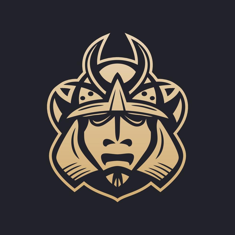 Samurai helmet, japanese facial armour worn by ancient warriors, traditional martial mask in Japan, gold on dark vector