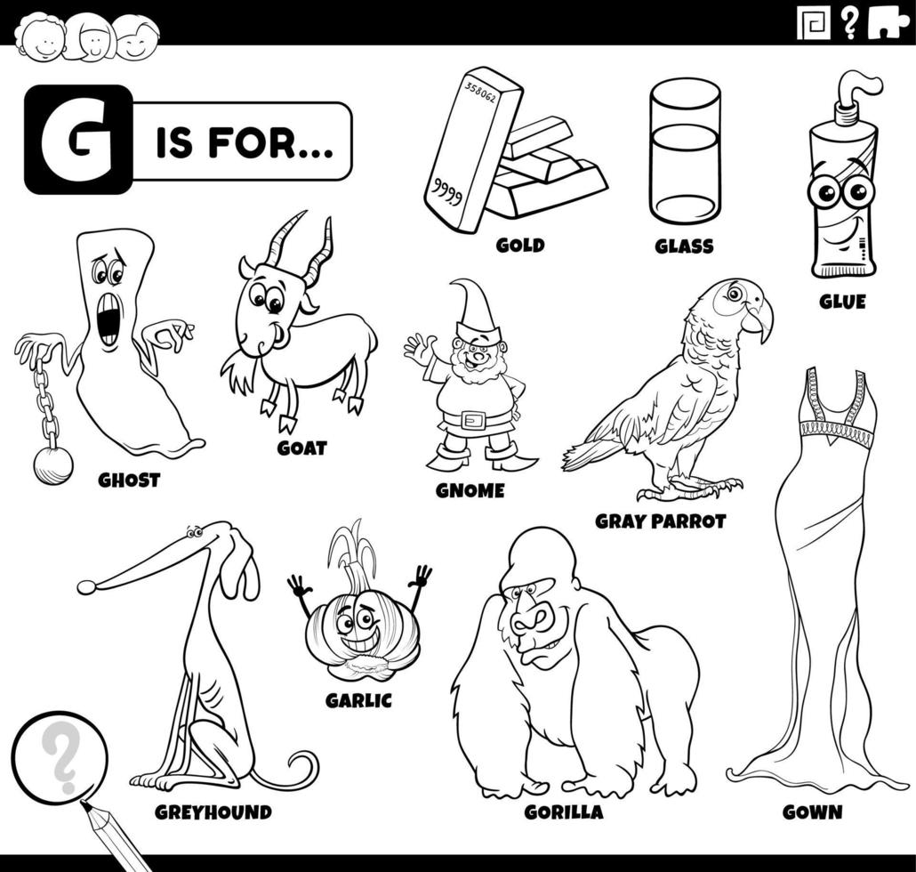 letter g words educational set coloring book page vector