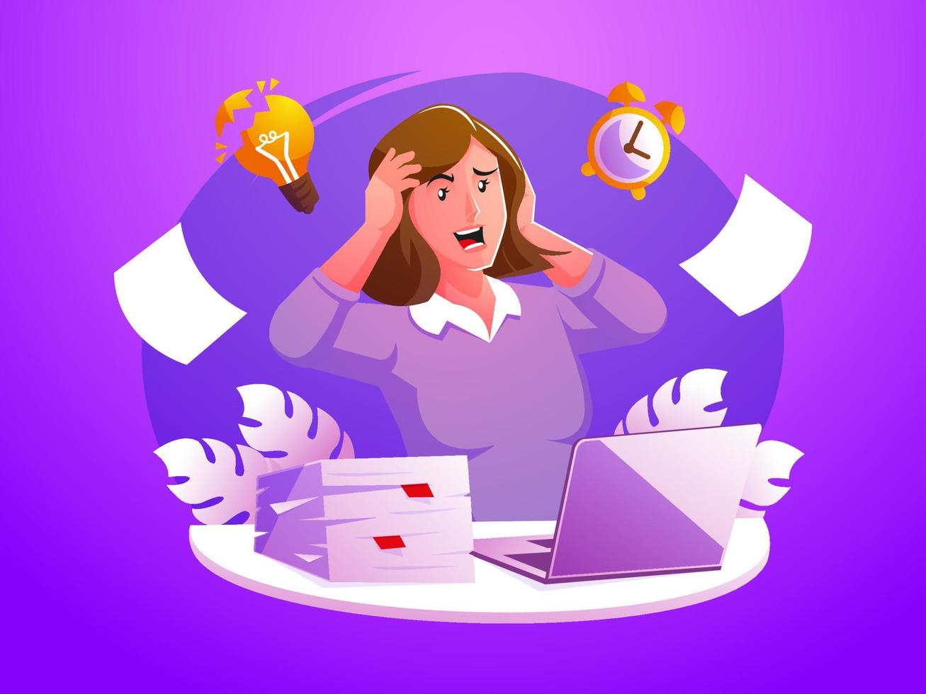 Stressed angry tired and desperate clutched his head among piles of papers and documents vector