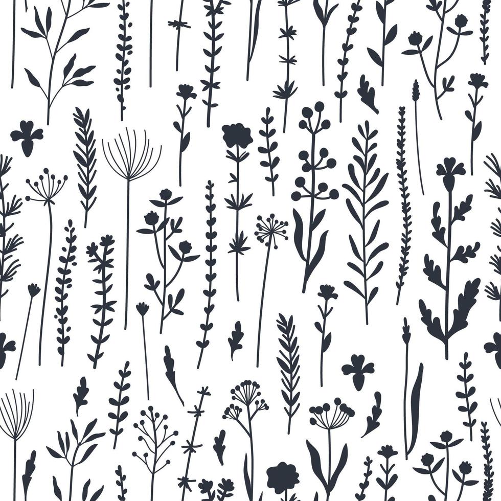 Seamless pattern of botanical elements silhouettes. Wild plants vector