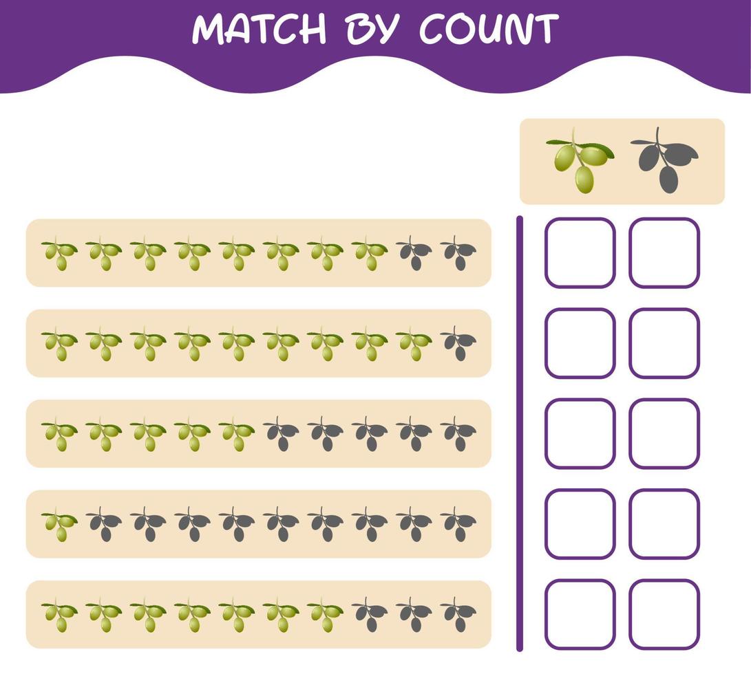 Match by count of cartoon olive. Match and count game. Educational game for pre shool years kids and toddlers vector