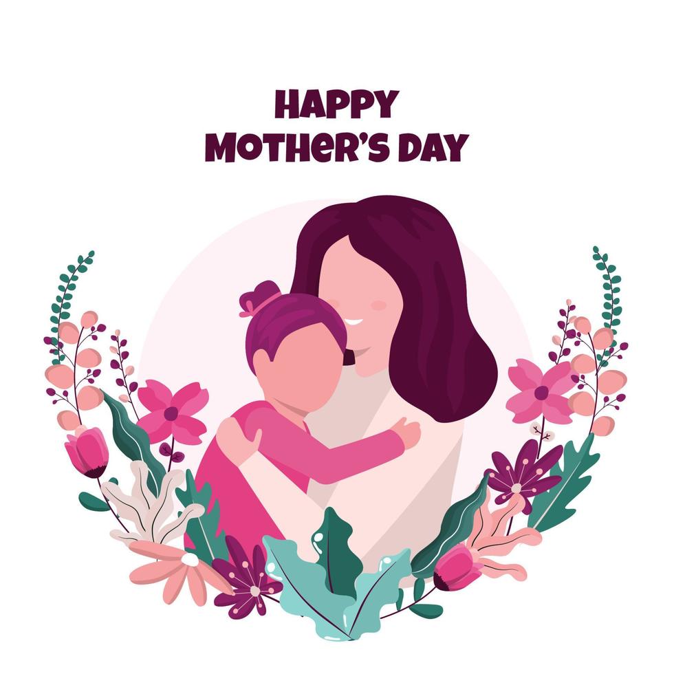 Happy Mother's Day Daughter Child Flower Floral Flat Illustration vector