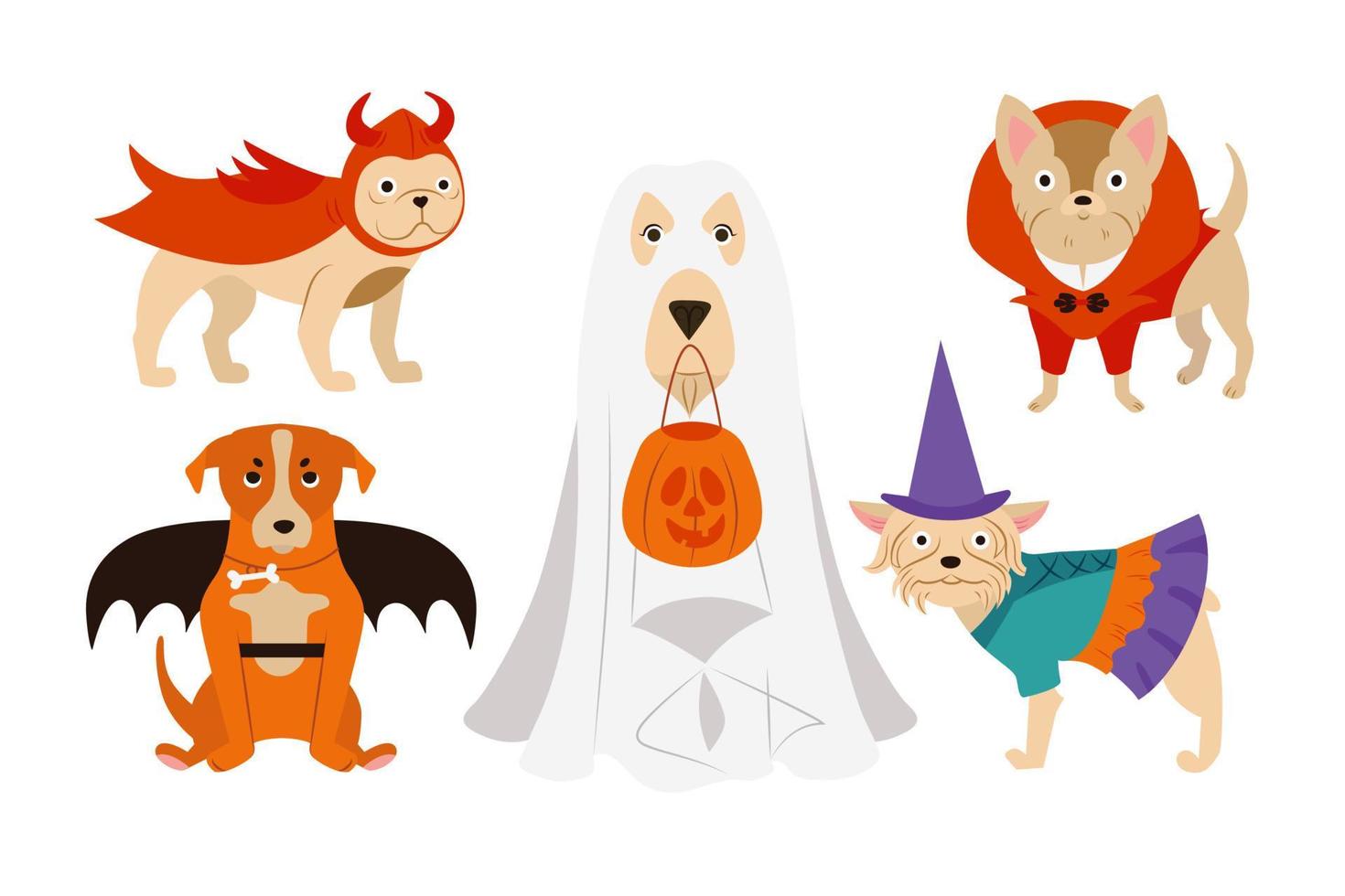 Cute Dogs of Different Breeds in Halloween costumes set. Funny Pets