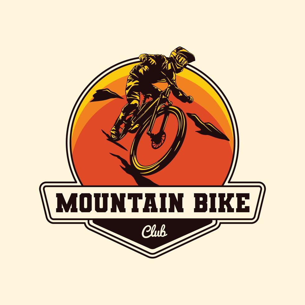 insignia de etiqueta de logotipo de bicicleta de montaña de aventura cuesta abajo dibujada a mano vector