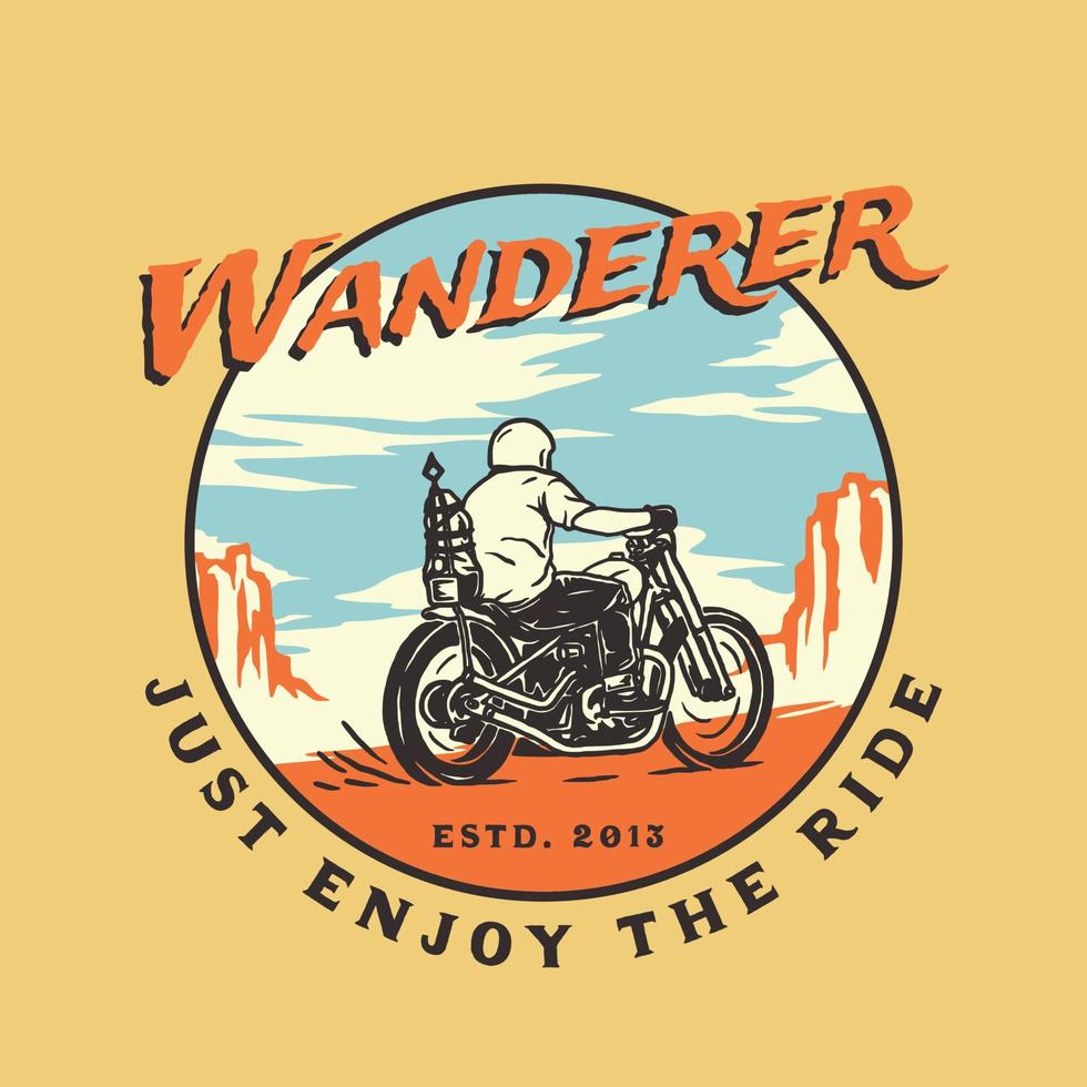 insignia de la etiqueta del logotipo de la aventura de la vida salvaje de la motocicleta vintage dibujada a mano vector