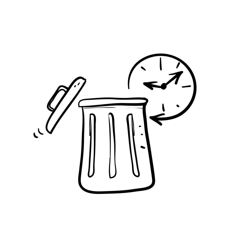 hand drawn doodle trash bin and clock icon illustration vector