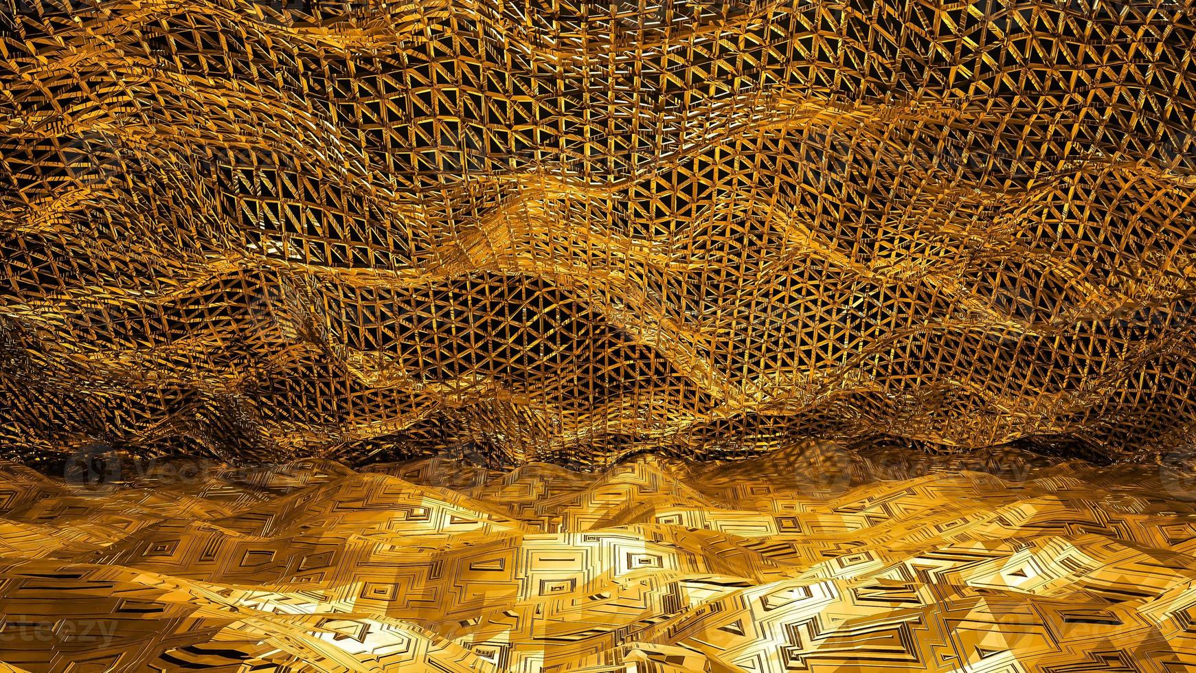 Abstract shinny golden wire net wave background for product presentation and brand luxury style. ,3D model and illustration. photo
