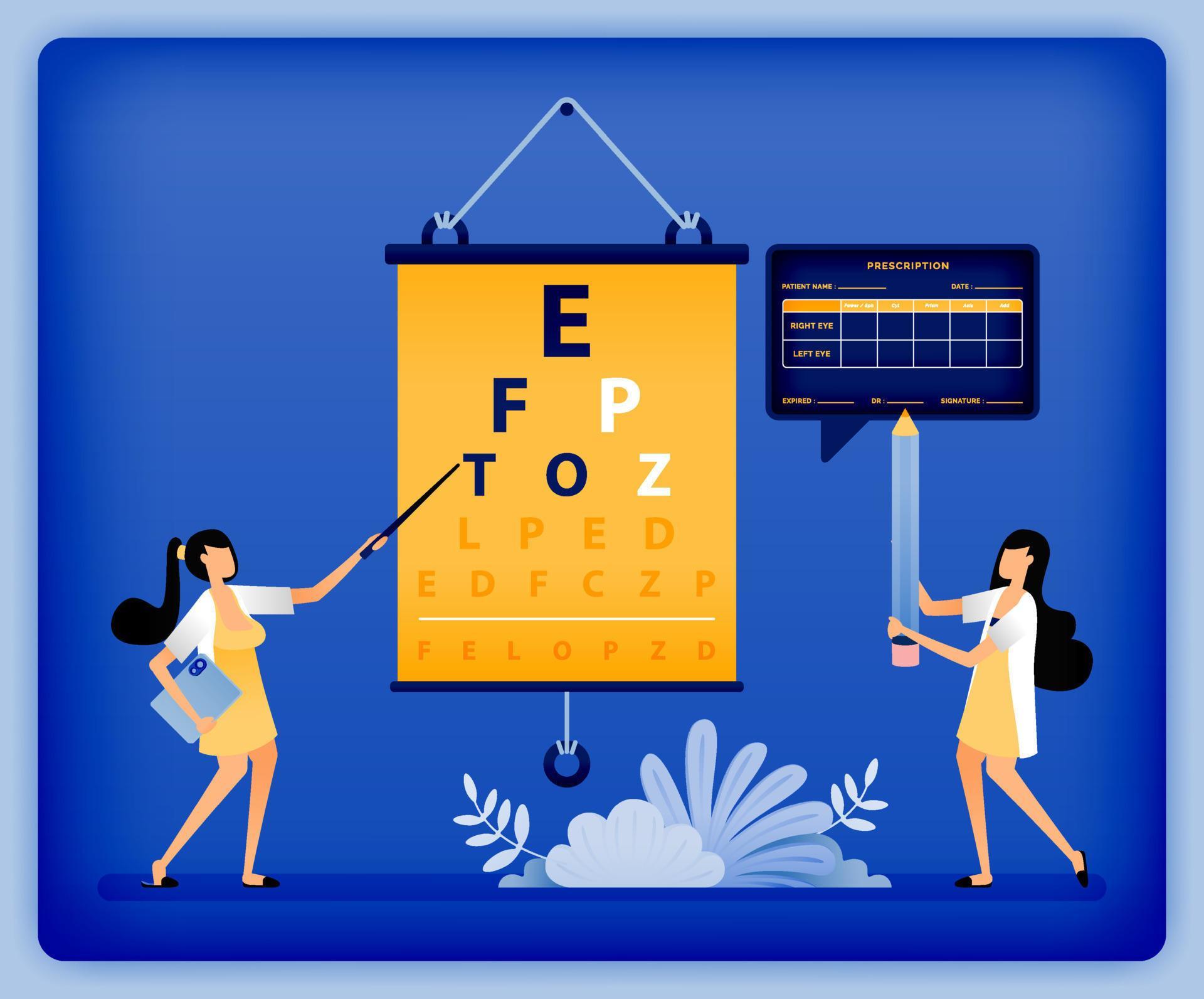 Optical health illustration of ophthalmologist writes prescription for