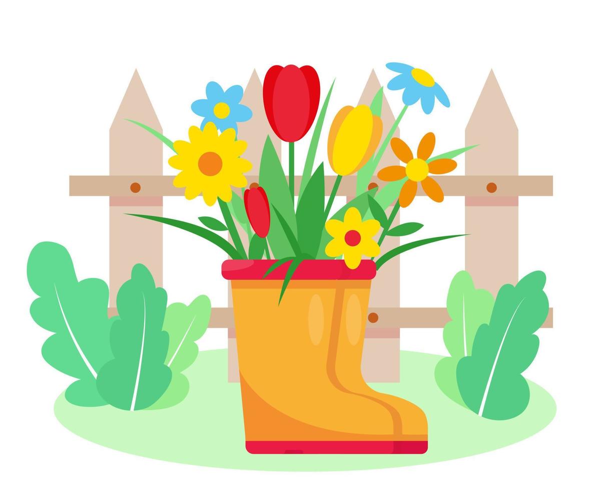 botas de goma de jardín con flores. Ilustración de vector de concepto de jardinería de primavera o verano.