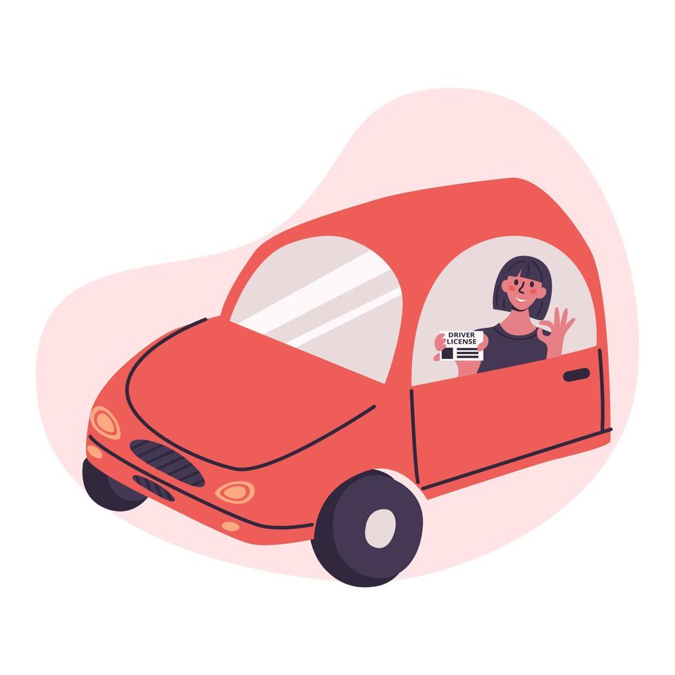 concepto de escuela de manejo. una joven mujer feliz en un pequeño auto rojo obtiene una licencia de conducir y lo muestra. vector