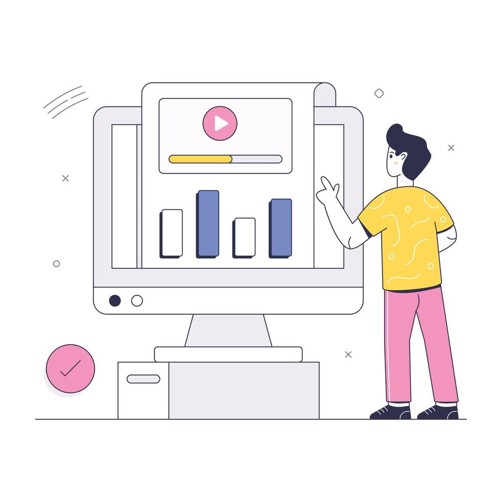 persona que explica el gráfico y el gráfico de negocios, una ilustración plana de la presentación de datos vector