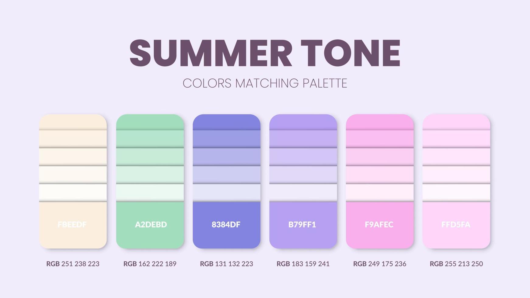 Las paletas de colores de verano o los esquemas de colores son combinaciones de tendencias y guías de paletas de este año. Tonos de colores de mesa en rgb o hexadecimal. una muestra de color para un día suave de moda, hogar o diseño de interiores vector