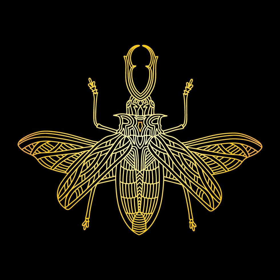 A golden beetle in a linear style. Linear vector illustration