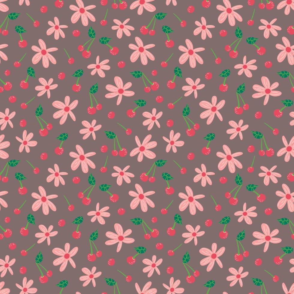 berry flowers cherry seamless vector pattern. Repeating background with summer fruit. Use for fabric, gift wrap, packaging.
