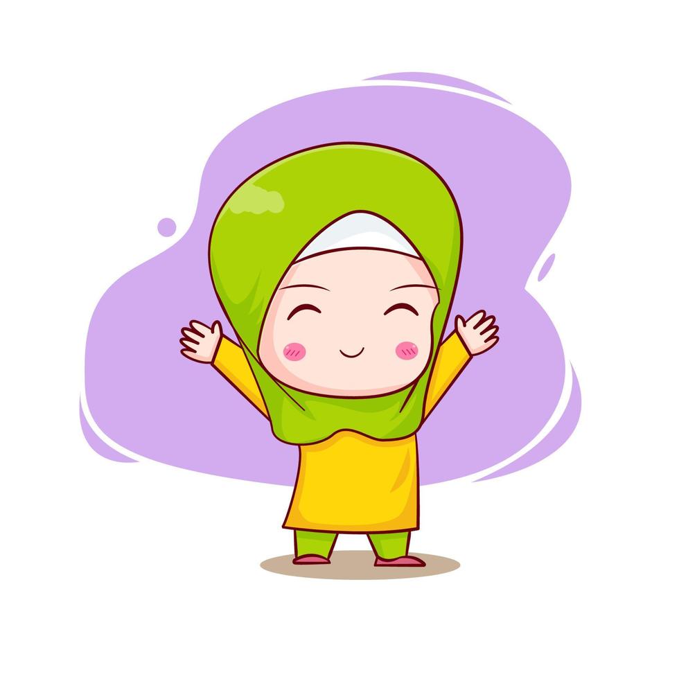 Cute moslem girl chibi cartoon character hand drawn illustration vector