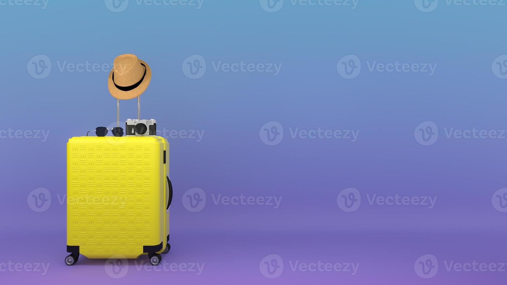 Yellow suitcase with sun hat and glasses, camera on pastel background., travel concept.,3d illustration. photo