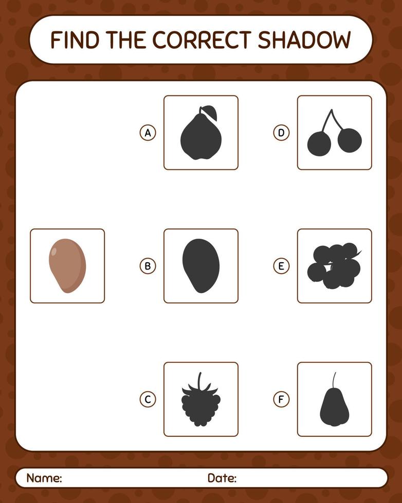 Find the correct shadows game with sapote. worksheet for preschool kids, kids activity sheet vector