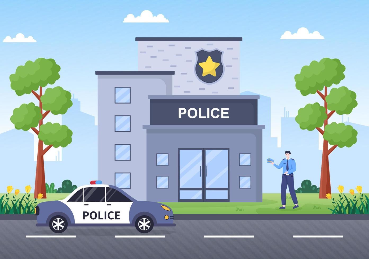 edificio del departamento de la estación de policía ilustración vectorial con policía y coche sobre fondo plano de estilo de dibujos animados vector
