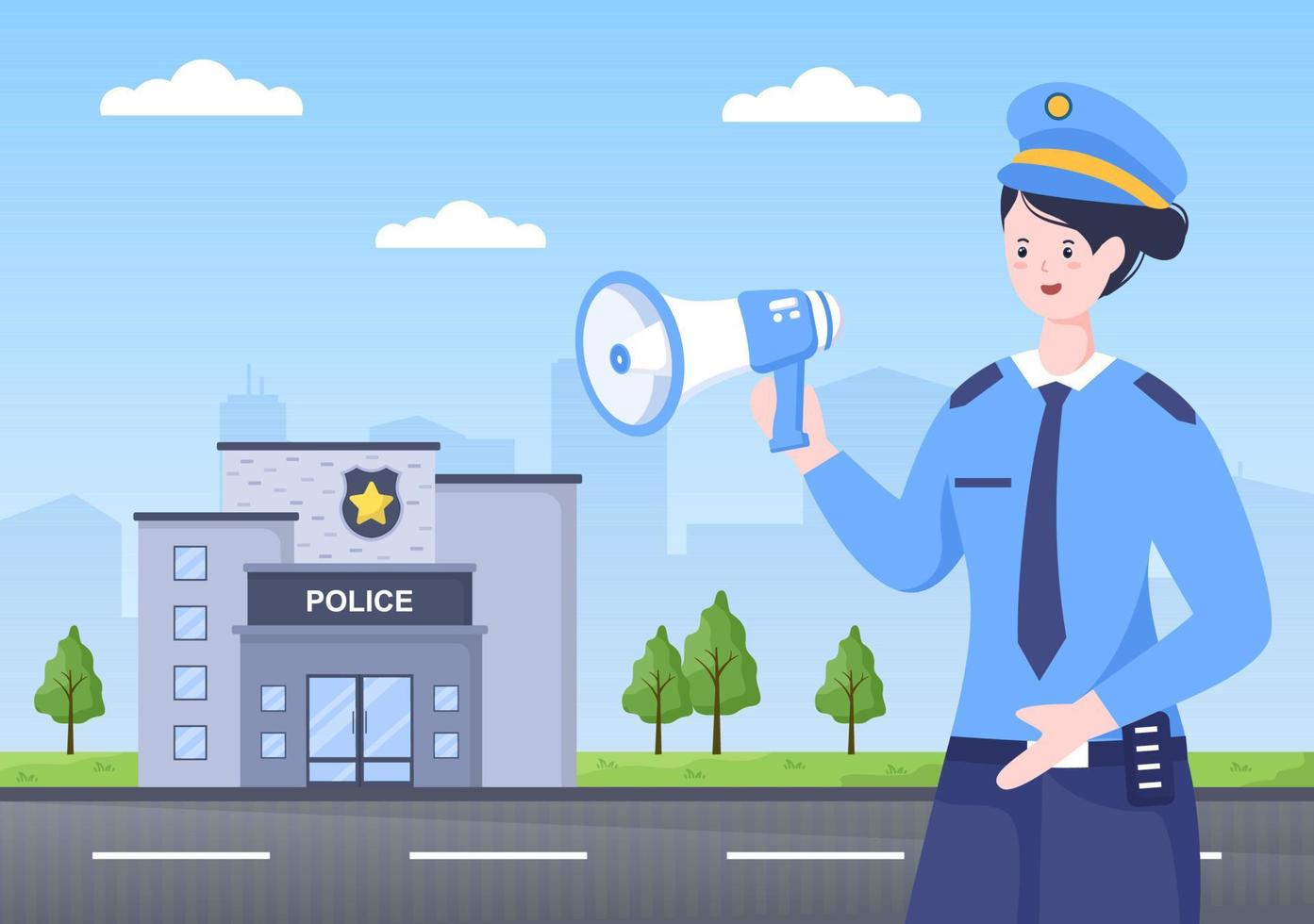 Police Station Department Building Vector Illustration with Policeman and Car on Flat Cartoon Style Background