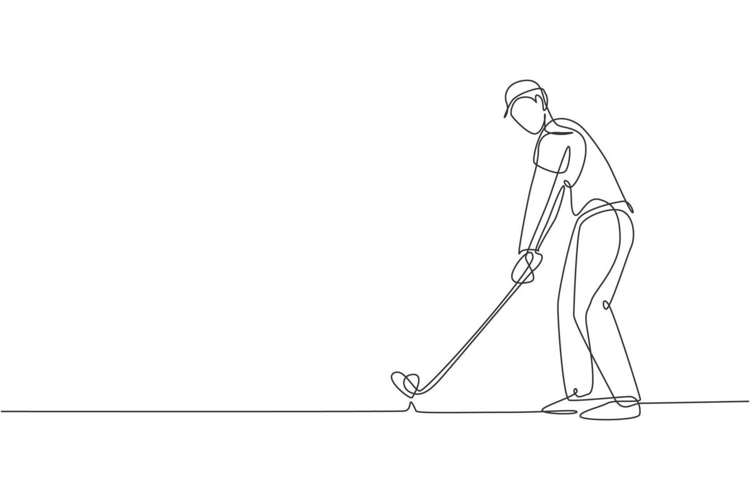 Single continuous line drawing of young happy golf player swing the golf club to hit the ball. Hobby sport concept. Trendy one line draw design vector illustration for golf tournament promotion media