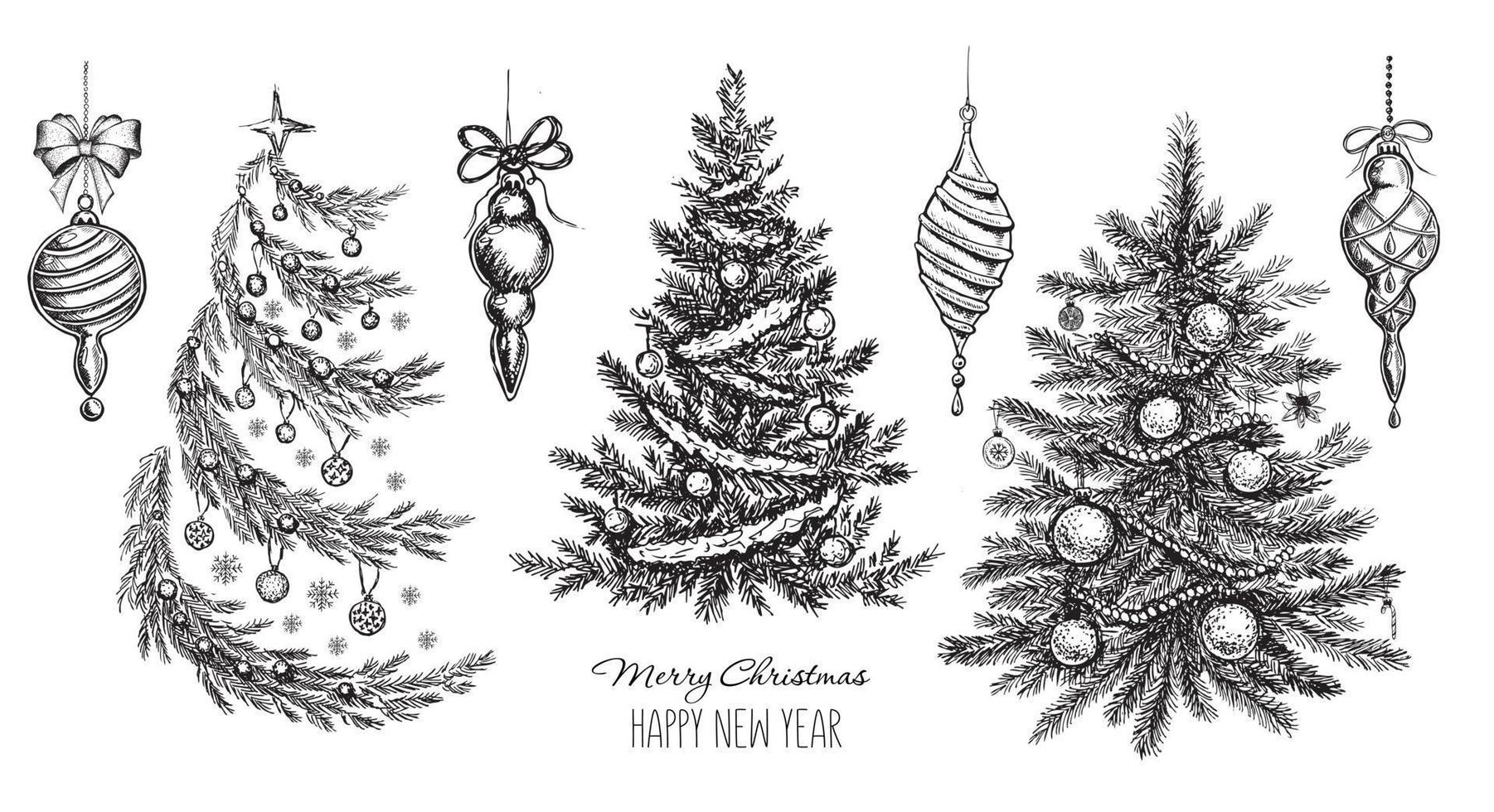 Christmas tree, toys, hand drawn style, vector illustration