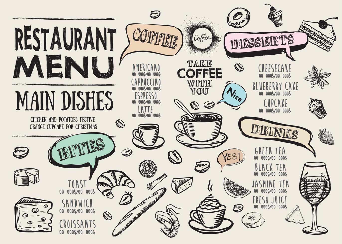 menú de la cafetería. menú de cafetería restaurante, diseño de plantilla. folleto de comida. vector