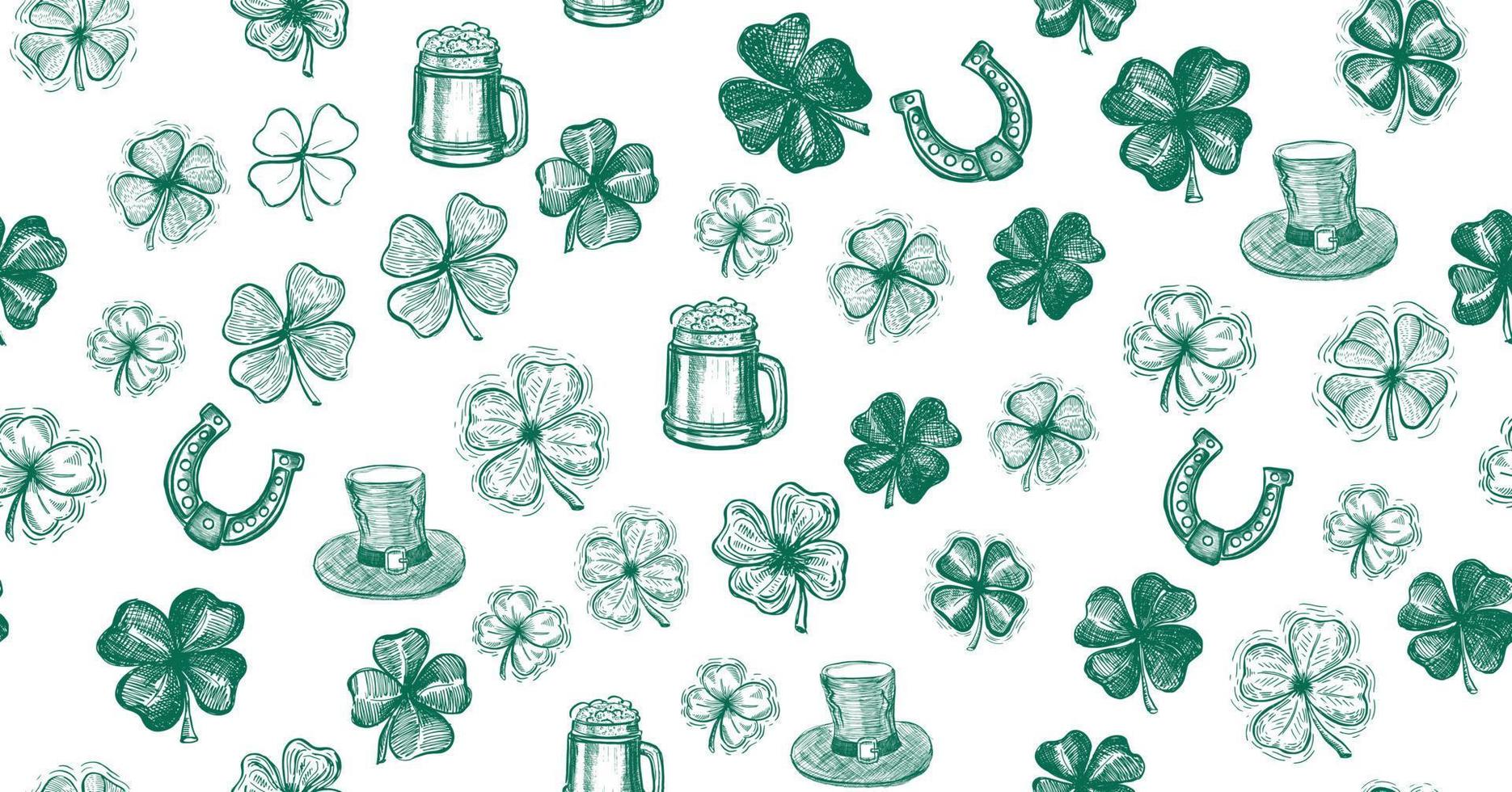 Patrick's day. Icon set clover, beer, hat. Hand drawn style, vector illustration.