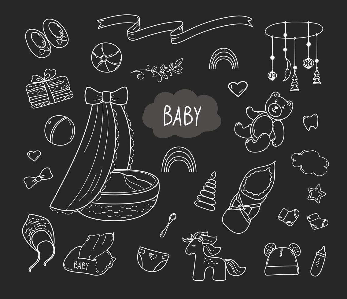Set of hand drawn baby boy and girl. Cartoon sketch style chalk doodle for icon, banner. vector