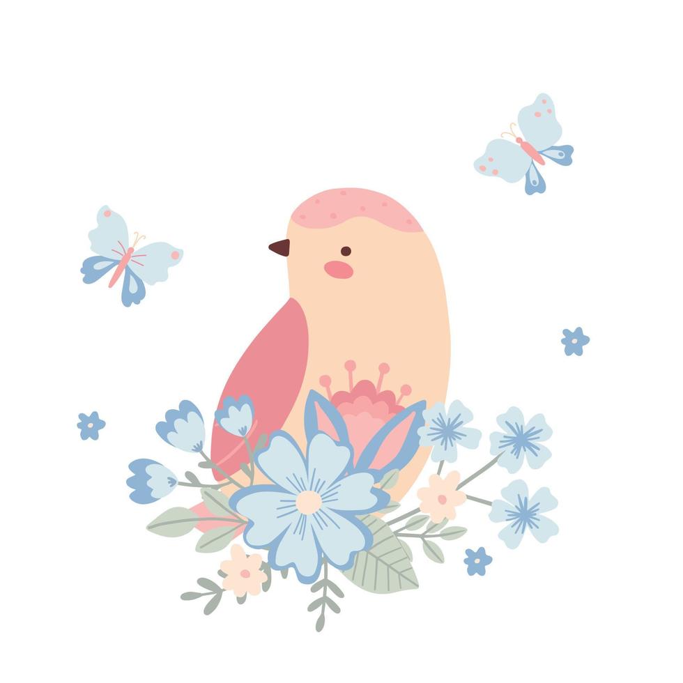 lindo pajarito rosa en flores. pajarito infantil para el diseño y la impresión de los niños. vector