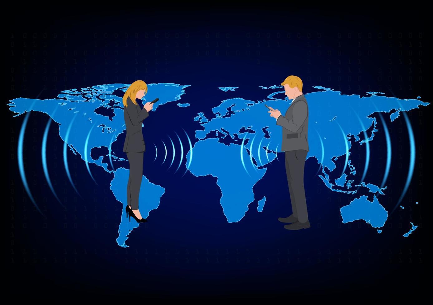Business woman and man standing and using smartphone for connection by technology, concept Anytime Anywhere connection to Global network vector illustration