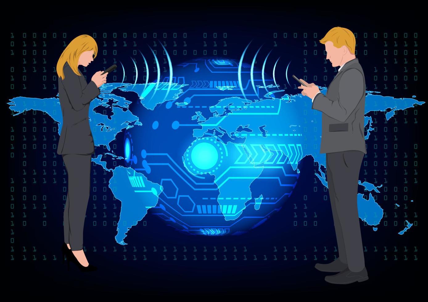 Business woman and man standing and using smartphone for connection by technology, concept Anytime Anywhere connection to Global network vector illustration