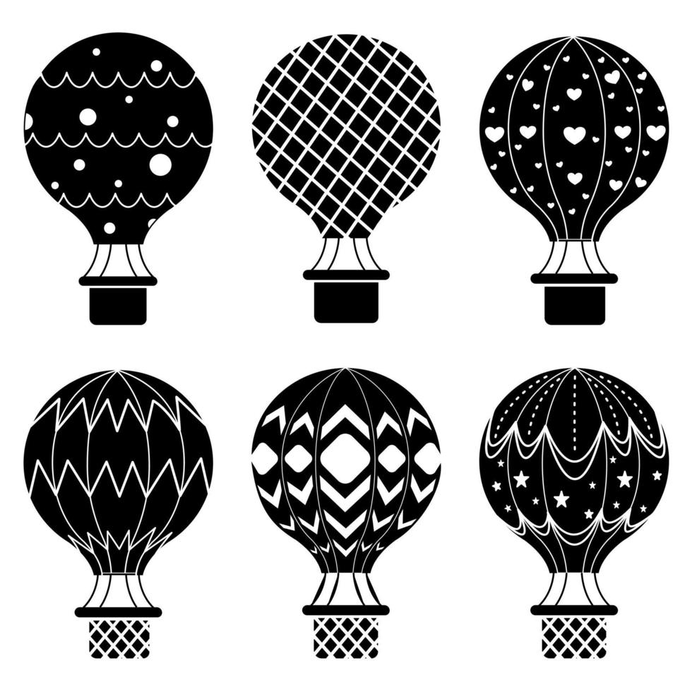 A set of vector silhouettes of hot air balloons isolated on a white background.