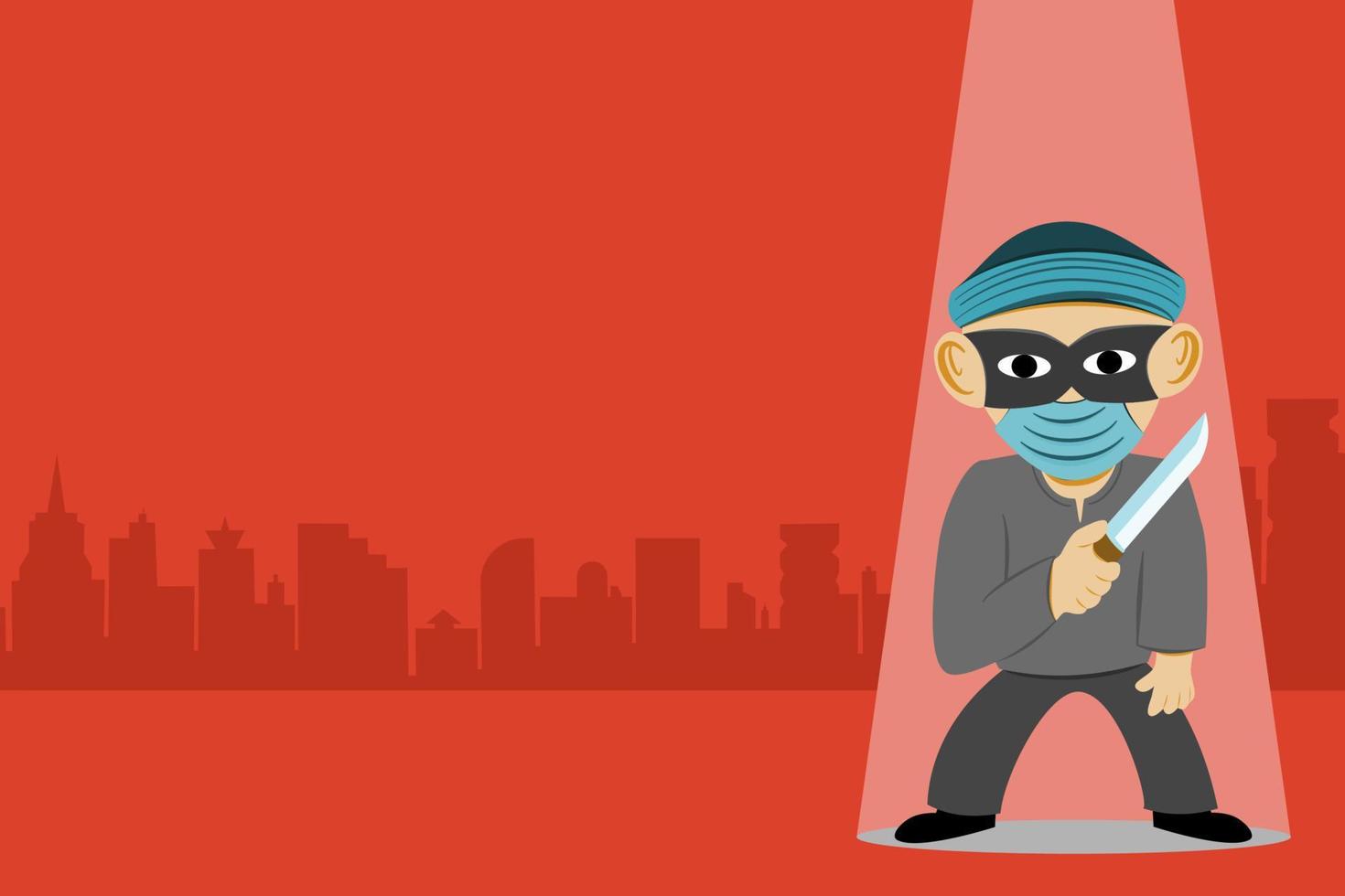 Money robbery concept illustration Thief and piggy bank background building and building vector