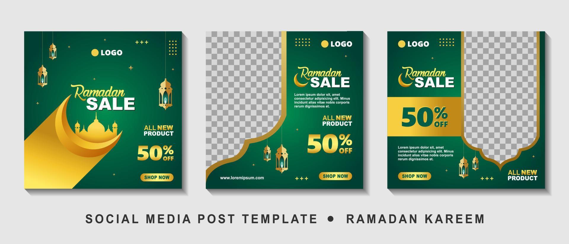 Set Ramadan Sale Square Banner Promotion Template. Suitable for Web Promotion and Social Media Template Post for Ramadan Kareem Greeting Card, Event, and etc. Vector Illustration.