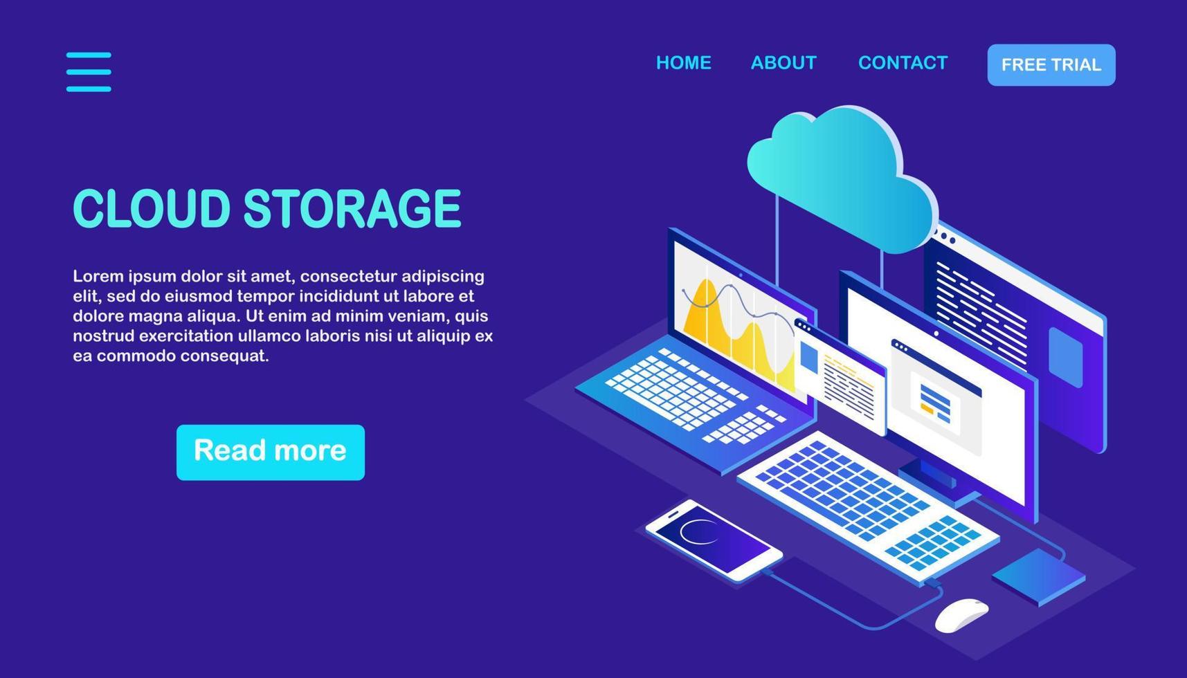 Cloud storage technology. Data backup. Isometric laptop, computer with phone. Hosting service. Vector design