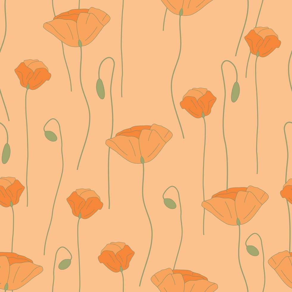 Modern wild flowers seamless pattern design. Seamless pattern with spring poppy flowers and leaves. Hand drawn background. floral pattern for wallpaper or fabric. Botanic Tile. vector