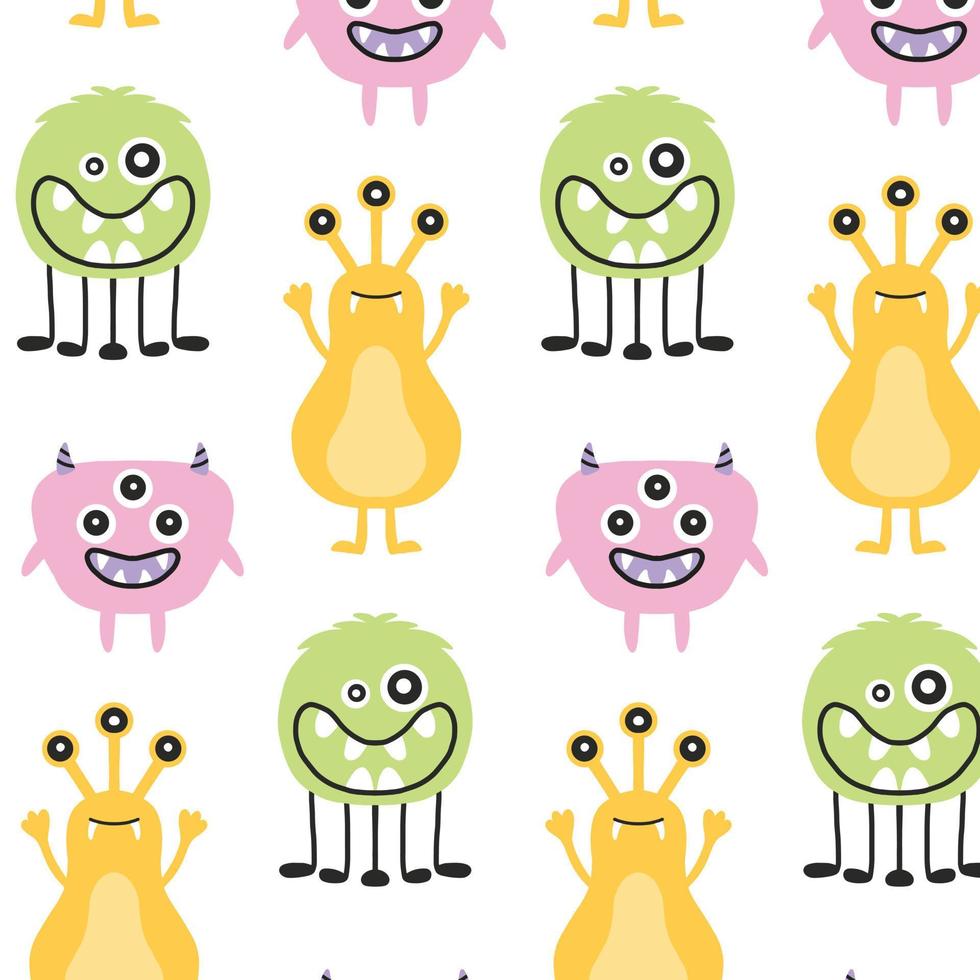 Monster Halloween  pattern. Cute cartoon characters in simple hand-drawn Scandinavian style. Vector childish funny doodle illustration. Baby clothes, textiles, fabric, wallpaper,paper