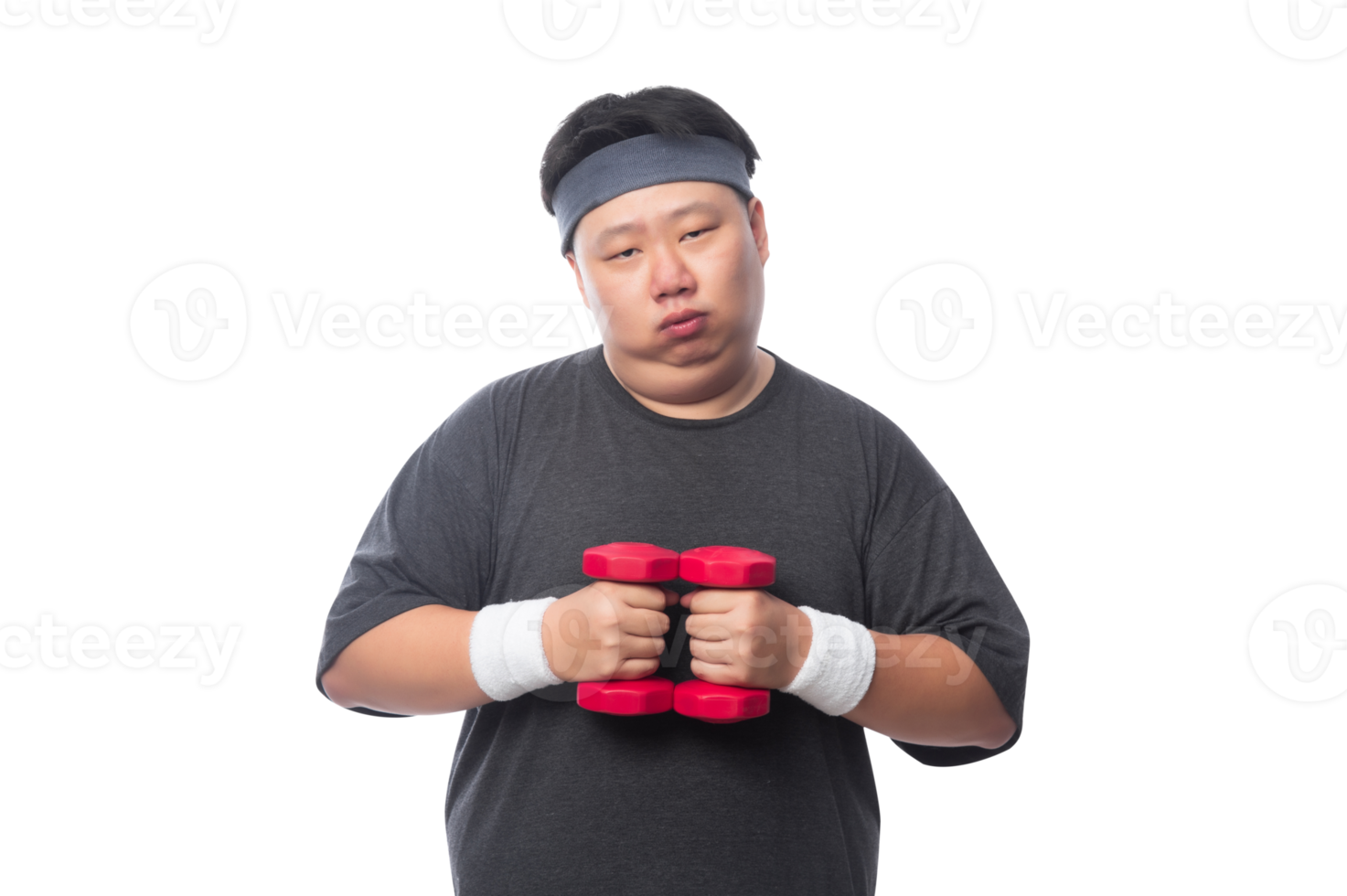 Young Asian fat man is exercising with his dumbbell, Png file