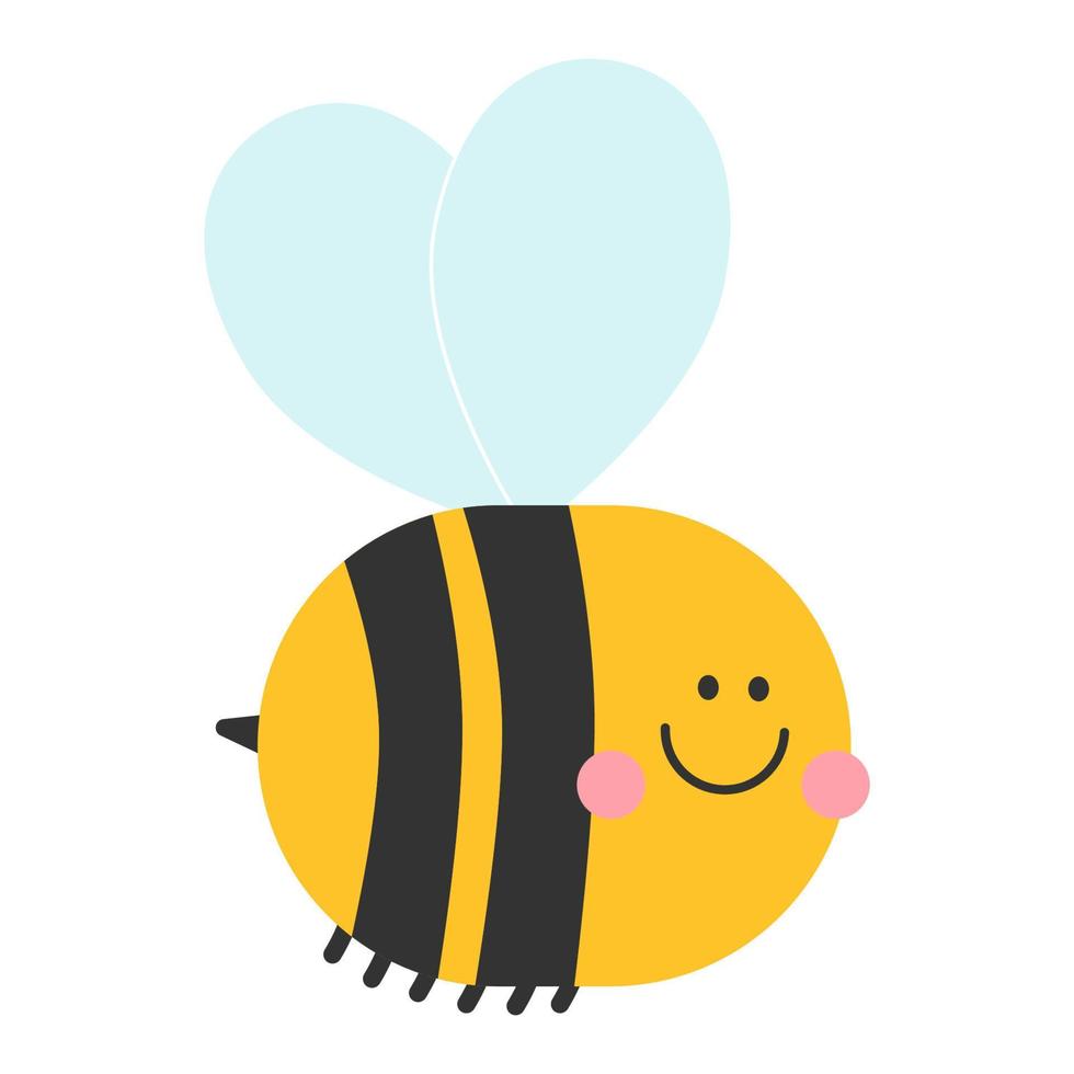 Smiling bee cute character. Bumblebee bug with wings. Yellow and black striped vector logo for honey locar farm. Childish kind icon for nursery cards, posters, printing on paper, fabric and clothes.