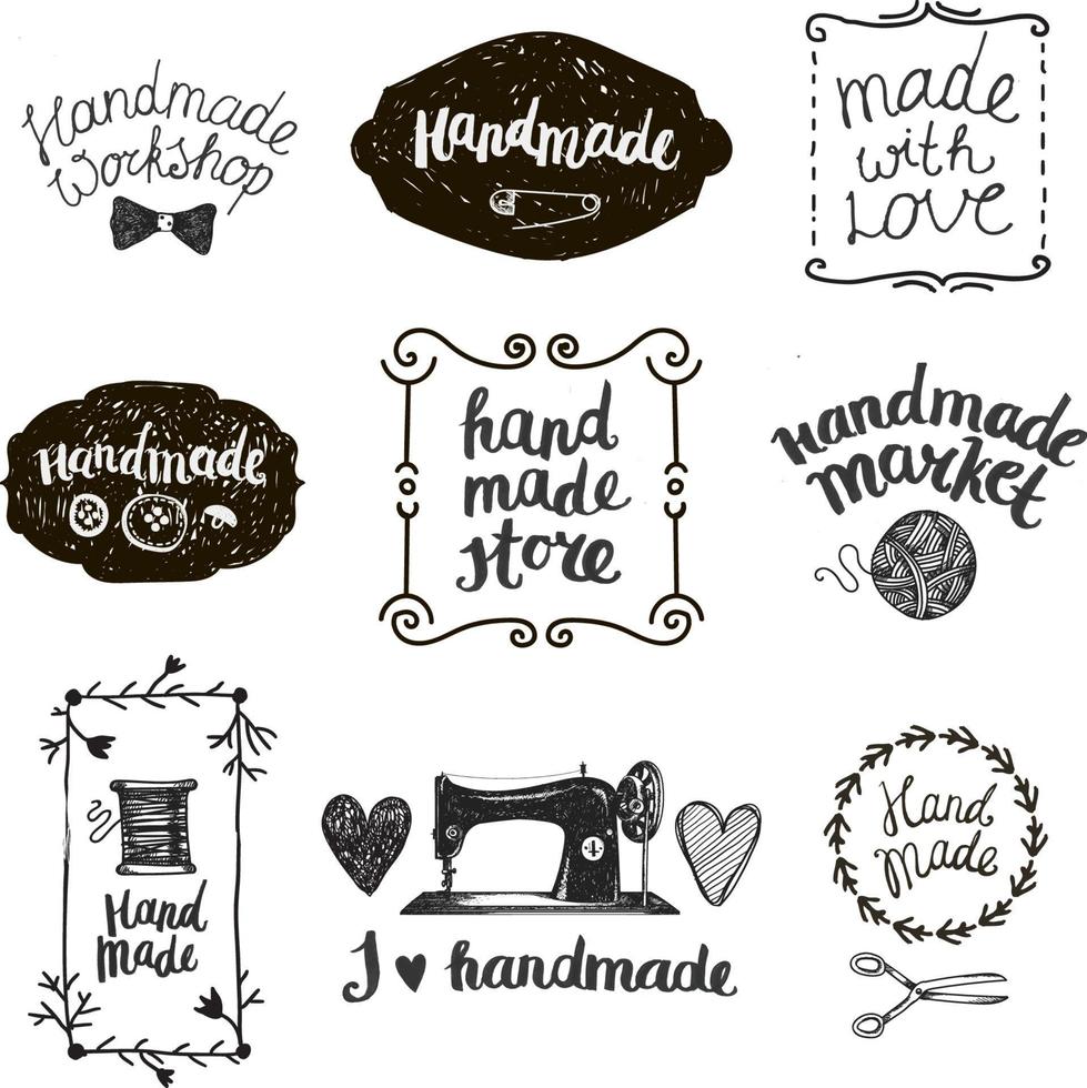 Vector set of hand drawn doodle frames, badges. Handmade, workshop, hand made shop graphic design set. Arts and crafts, icons, logos, badges set isolated, lettering