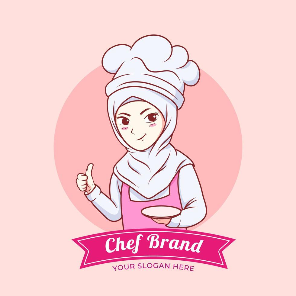 Cute Bakery chef girl welcome smiling cartoon art illustration logo. vector