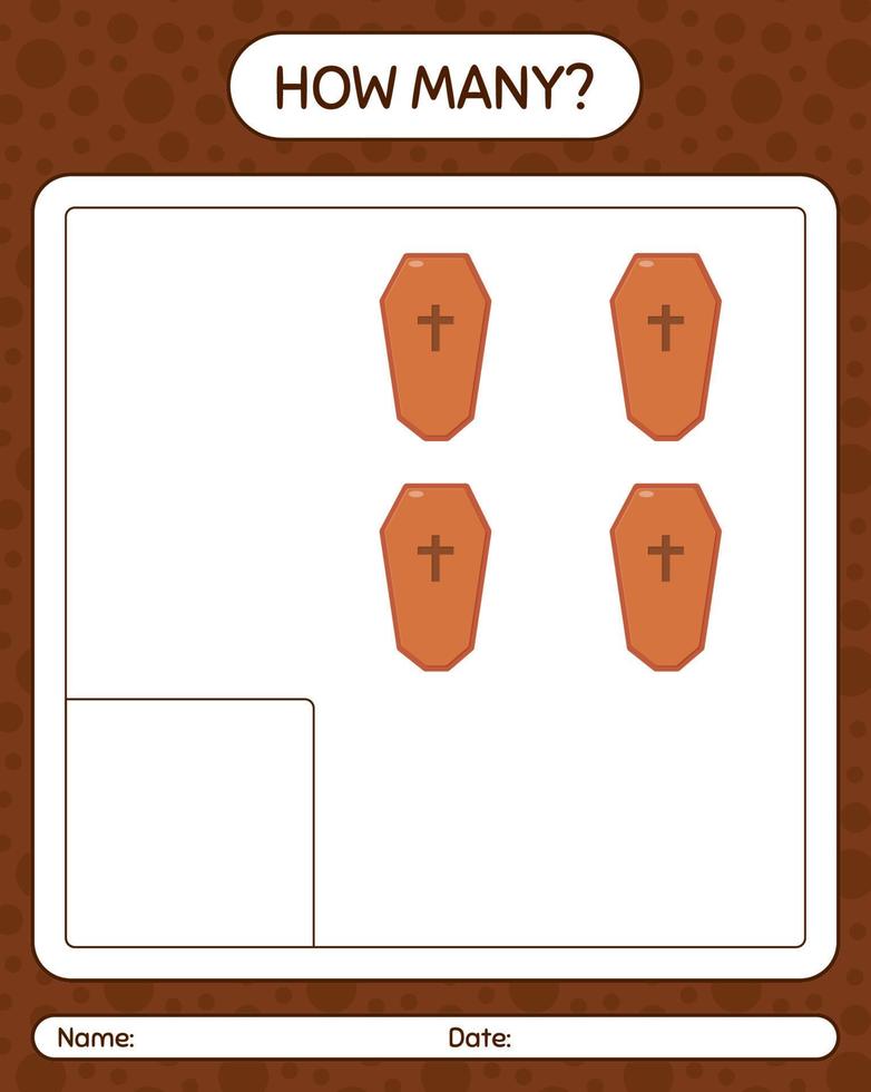 How many counting game with coffin. worksheet for preschool kids, kids activity sheet vector