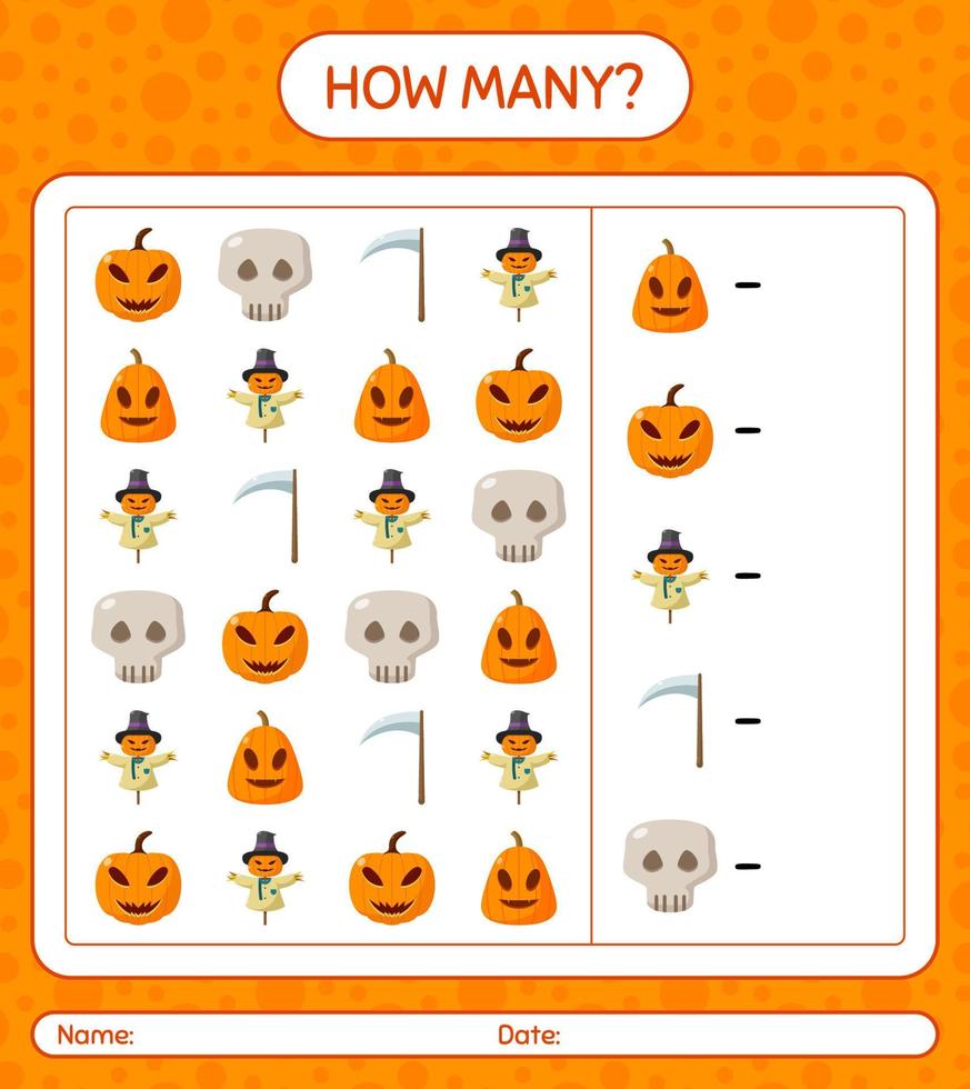 cuántos juegos de conteo con el icono de halloween. hoja de trabajo para niños en edad preescolar, hoja de actividades para niños vector