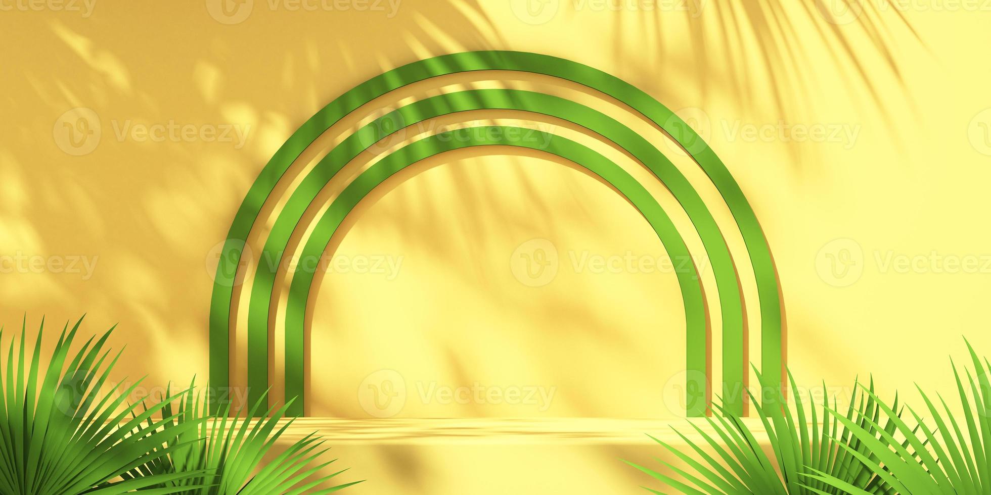 3D green and yellow product podium display with orange background and tree shadow,summer product mockup background,3D render illustration photo