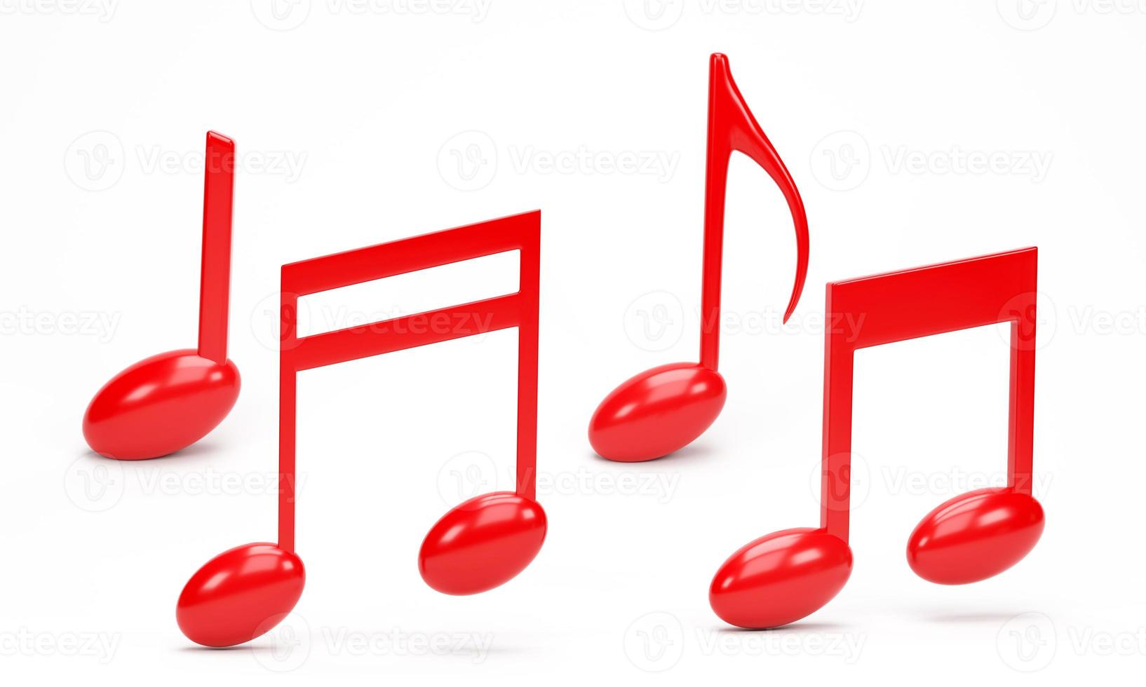 3D rendering, 3D illustration. Red music note icon isolated on white background. Design element for song, melody or tune flat. photo