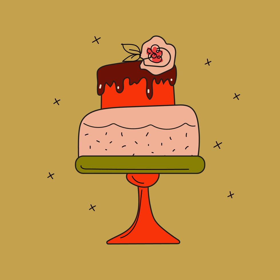 Cake Stand , 1970 groovy, Happy birthday card, chocolate cream desserts, vector art