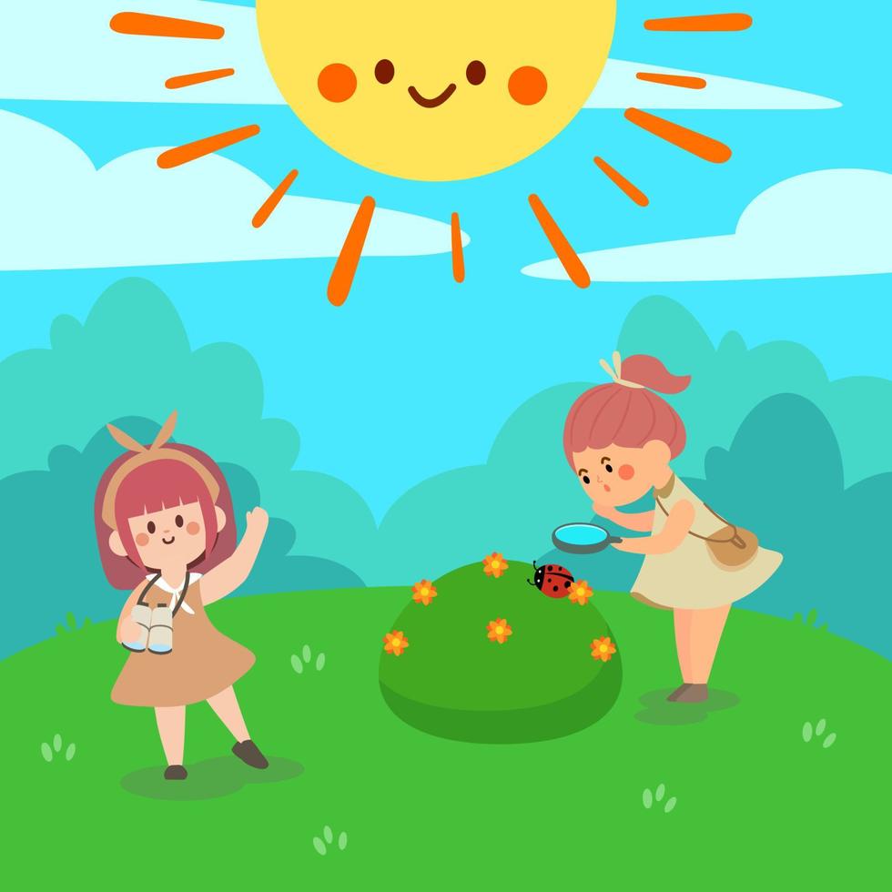 Summer Kids Camp.kids activities, children playing in playground, Girls and boys in camping costume.Summer camp with boy and girl at park.kindergarten outdoor observing nature. vector