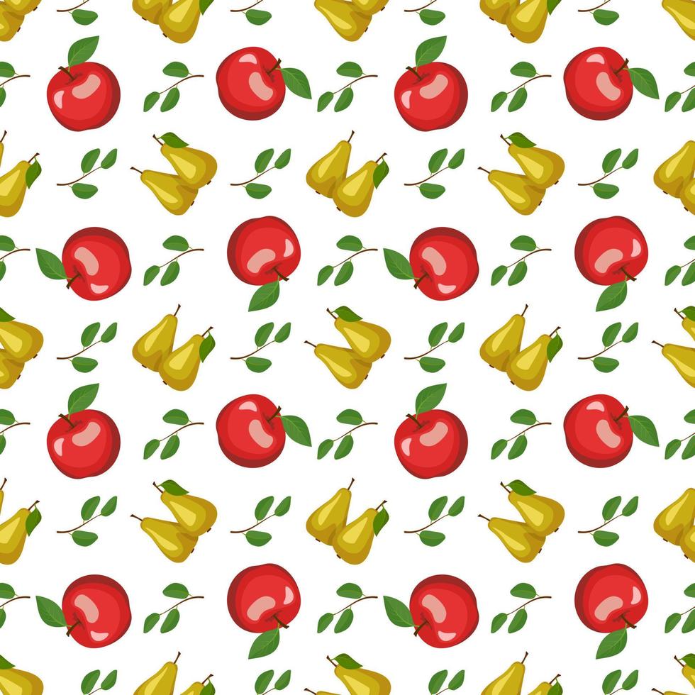 Seamless pattern with yellow pear and red apple. Print from whole healthy fruits. Background from sweet food for diet. Vector flat illustration