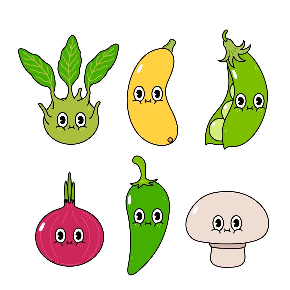 divertido lindo conjunto de personajes de vegetales felices. icono de ilustración de personaje kawaii de dibujos animados dibujados a mano vectorial. bonito tuétano, pimiento, guisantes, champiñón, cebolla roja, coles de bruselas vector