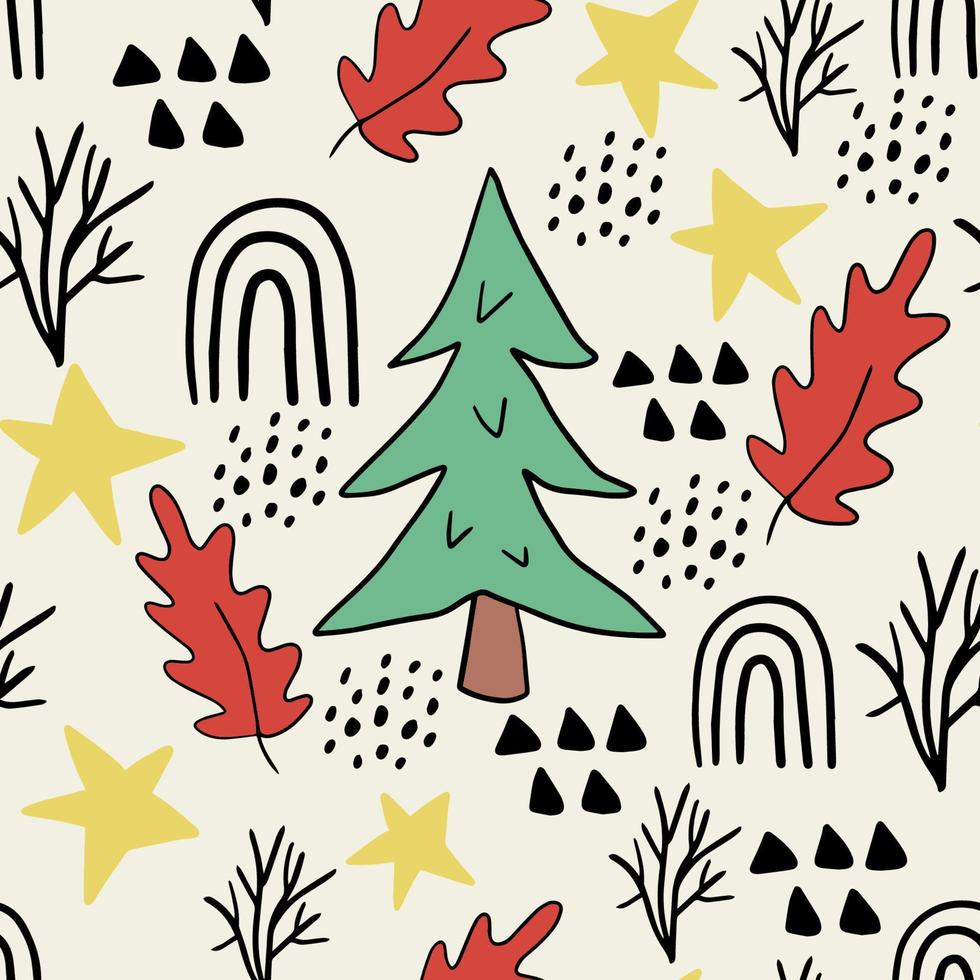 lindo árbol de navidad desordenado de dibujos animados, hojas, estrellas, puntos de patrones sin fisuras. fondo festivo de invierno moderno. vector